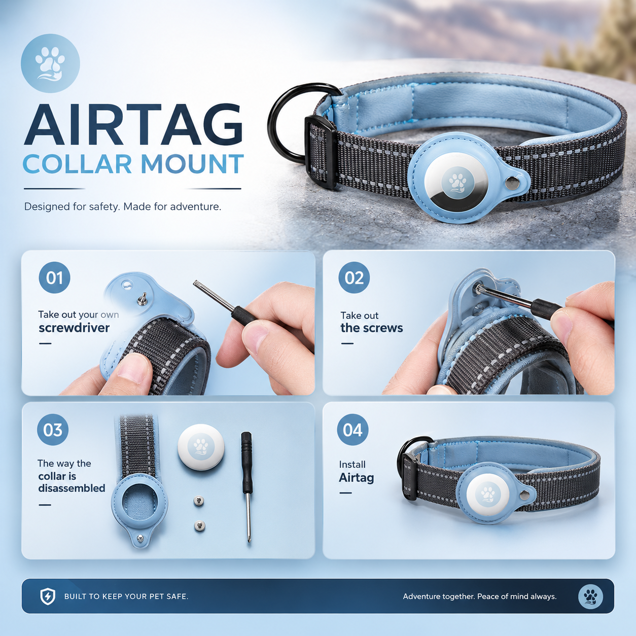 Reflective AirTag Dog Collar — Built-In Tracker Holder, Adjustable Nylon