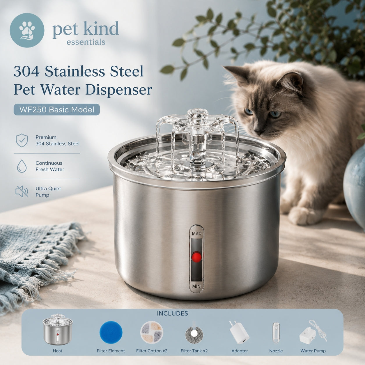 Stainless Steel Cat Water Fountain — Automatic Flower Dispenser with Filter