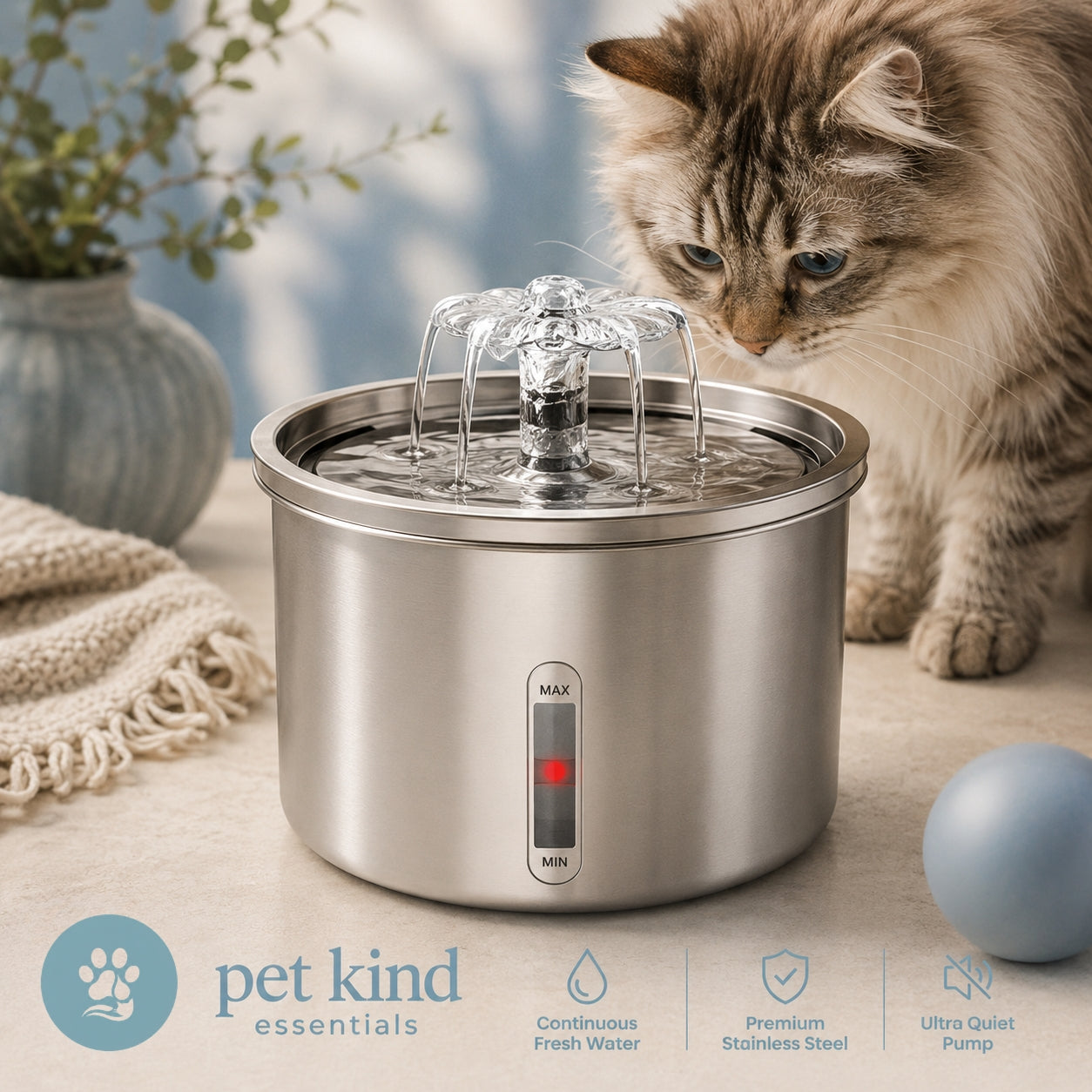 Stainless Steel Cat Water Fountain — Automatic Flower Dispenser with Filter