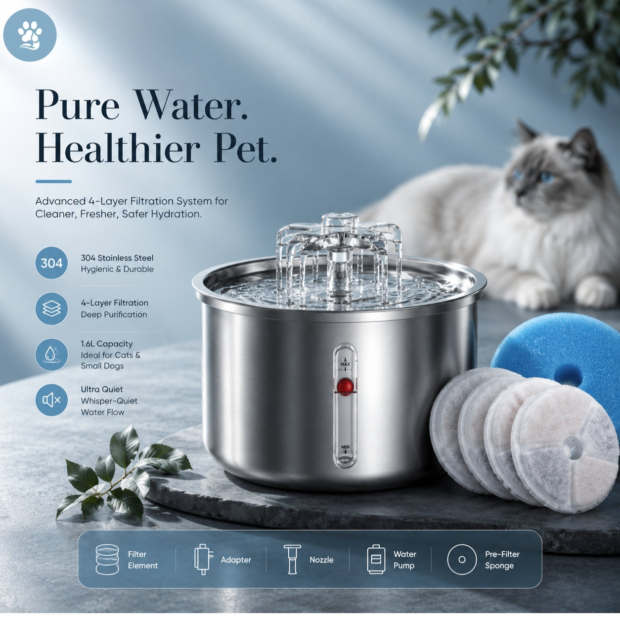 Stainless Steel Cat Water Fountain — Automatic Flower Dispenser with Filter