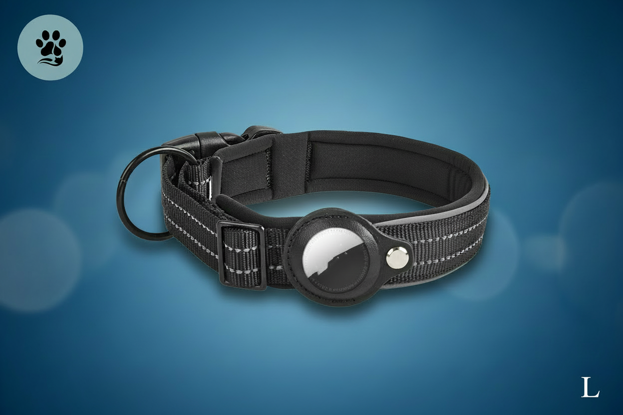 Reflective AirTag Dog Collar — Built-In Tracker Holder, Adjustable Nylon